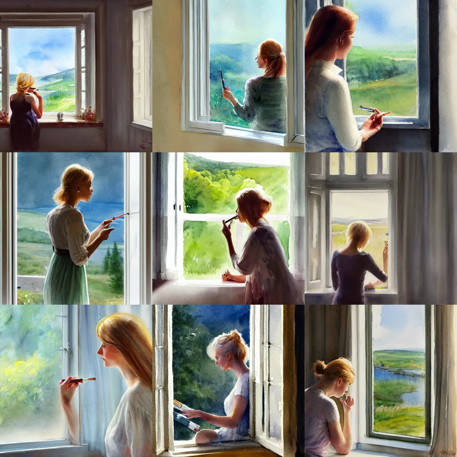 Prompt: blonde woman smoking a cigarette while looking out through the window, swedish countryside, seaview, morning, calm, watercolor painting by vladimir volegov