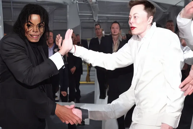 Image similar to michael jackson!!! shaking hands with elon musk