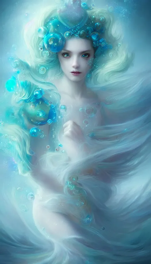 Image similar to portrait of magical ghost triton, ethereal , cloudy, transparant, gradient white cyan, dreamy and ethereal, (colour) eyes, peaceful expression, ornate frilly dress, fantasy, intricate, elegant, rainbow bubbles, highly detailed, digital painting, artstation, concept art, smooth,b sharp focus, illustration, art by artgerm and greg rutkowski and alphonse mucha