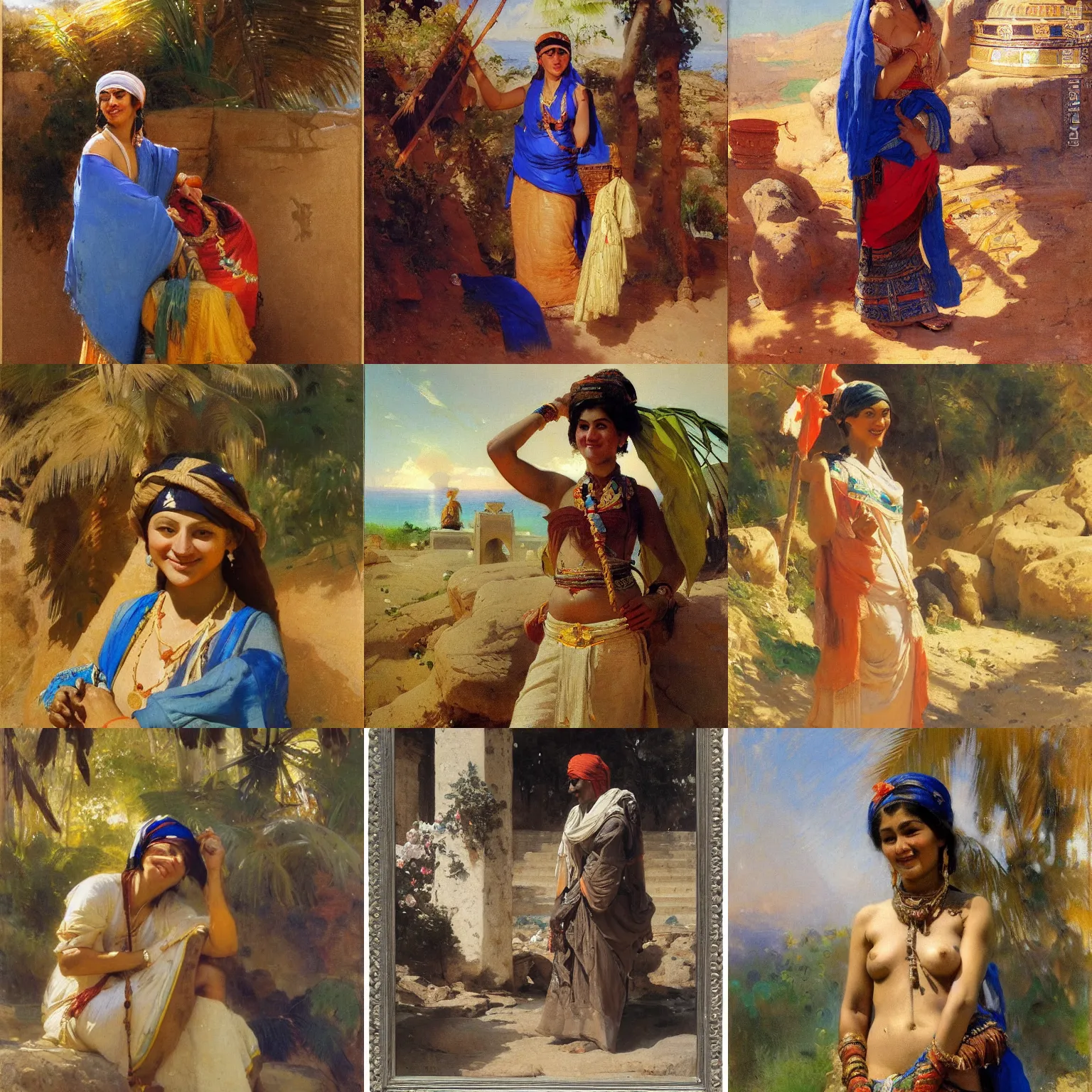 Prompt: orientalism cute smiling attendant wearing blue bandeau at sacred site by theodore ralli and nasreddine dinet and anders zorn and nikolay makovsky and edwin longsden long, oil on canvas, masterful intricate artwork, excellent lighting, high detail 8 k