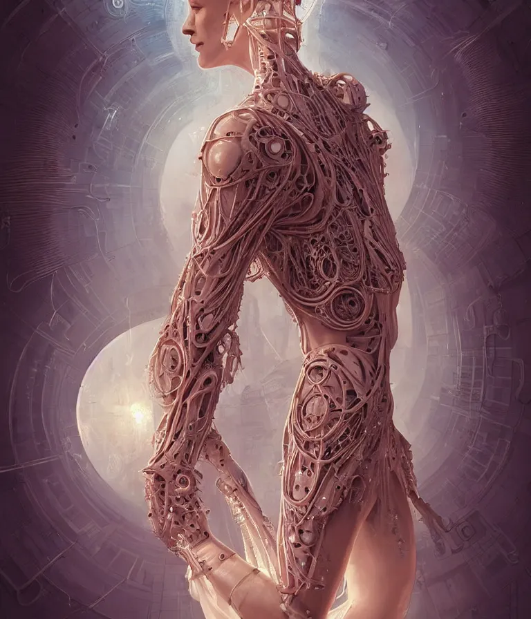 Image similar to fully symmetrical centered portrait of a beautiful princess in robe. artificial muscles, ribcage, bones, hard surface modelling. cyberpunk look. biomechanical mask. bio luminescent biomechanical halo around head. jellyfish. artwork by jarold Sng by artgerm, by Eddie Mendoza, by Peter mohrbacher by tooth wu by alfons mucha, unreal engine, octane render, cinematic light, iridescent details, iridescent colors, dichroic, macro, depth of field, blur