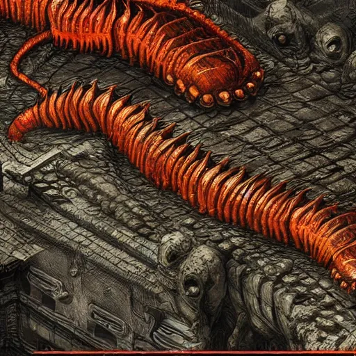 Image similar to Huge Demonic Centipede, Diplopodus the Terrible, Digital art, in the style of Doom Eternal and Lovecraft, 4k high detail,