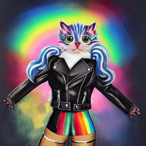 Image similar to wide angle full body, jacket wearing fluffy cute rainbow kitten wearing a black leather motorcycle jacket, concept art