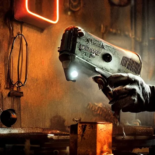 Image similar to half rusted old egg beater half stun - gun, balding older cyborg repairing, red hot soldering iron, dark messy smoke - filled cluttered workshop, dark, dramatic lighting, orange tint, cinematic, highly detailed, sci - fi, futuristic, movie still from blade runner