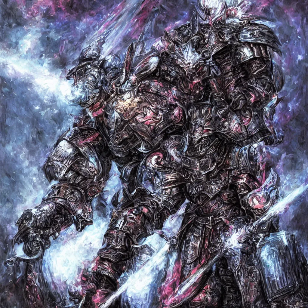 Prompt: a gritty fantasy knight in heavy armor holding a large staff setting, comic book art, fantasy, hyper realistic, insane detail, super complex, art by jim lee, colorful, bright high tech lights, dark, moody, dramatic,