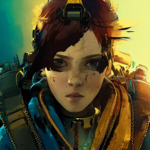 Image similar to highly detailed portrait of a post-cyberpunk young lady by Akihiko Yoshida, Greg Tocchini, 4k resolution, mad max inspired, yellow, black, brown and cyan color scheme