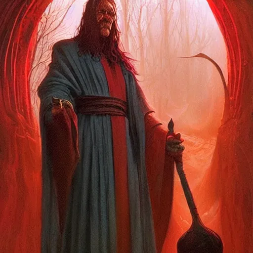 Prompt: fantasy painting with a wizard in red robes in a surreal environment by greg rutkowski and michael whelan w 1 0 2 4