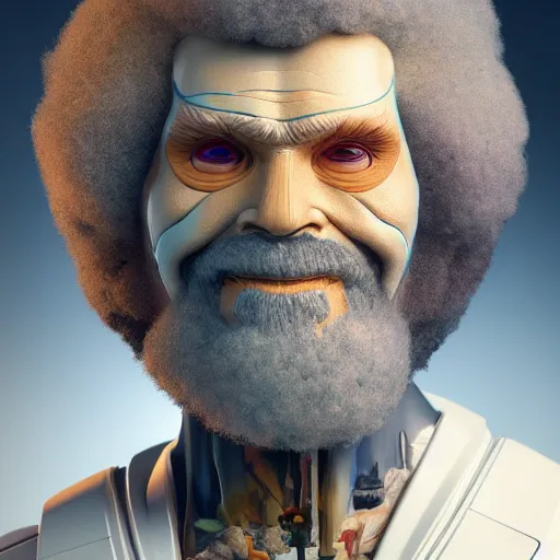 Image similar to bob ross cyborg. one eye covered with a robotic painting palette, art by artgerm and greg rutkowski and alphonse mucha, concept art, octane render, unreal engine 5, highly detailed, high quality, 8 k, soft lighting, realistic face, path traced
