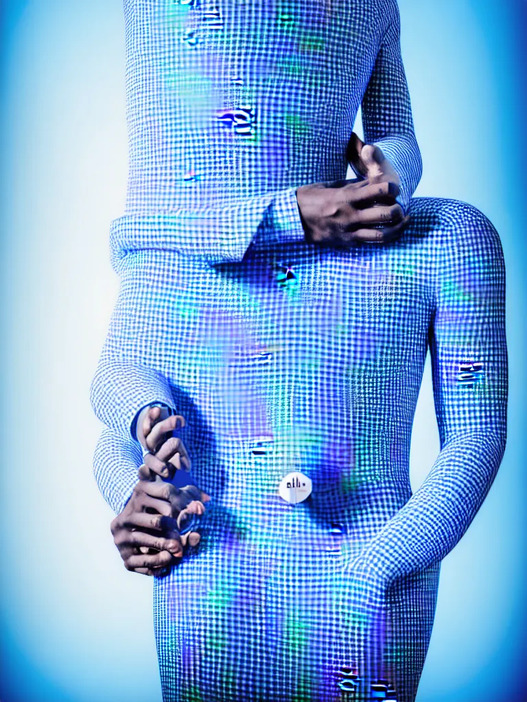 Image similar to a fine art photograph formal self sculpture by the artist kelbv, in distinct hyper realistic style with tubes neatly navigating the contours of his body, and fragmented body littered with light blue and white gingham spheroids, perfect bright studio lighting.