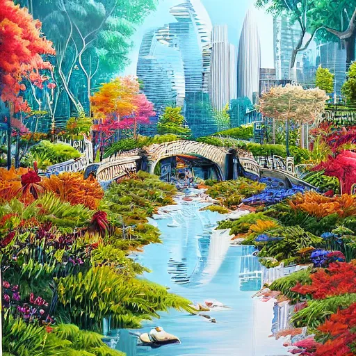 Image similar to Beautiful city of the future in harmony with nature. Nice colour scheme, cool natural colour. Beautiful detailed painting by Lurid. (2022)