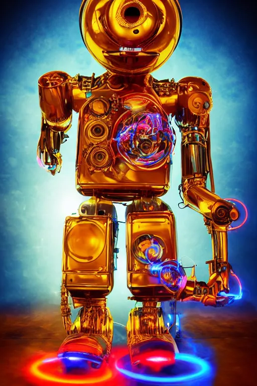 Prompt: portrait photo of a giant huge golden and blue metal humanoid steampunk robot guitar player with multicolored big gears and tubes, a red electric guitar, eyes are glowing red lightbulbs, shiny crisp finish, 3 d render, 8 k, insaneley detailed, fluorescent colors, background is multicolored lasershow