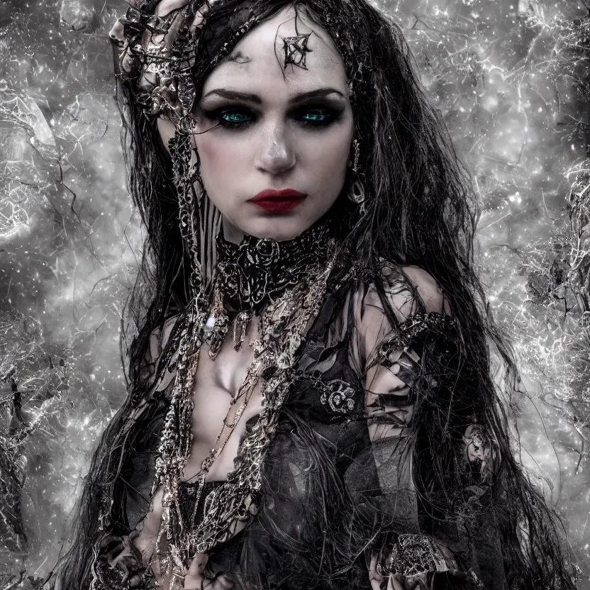 Image similar to A stunning Gothic goddess of jewels in an empty land, dark and mysterious, atmospheric, ominous, eerie, cinematic, Epic, 8k, 4k, ultra detail, ultra realistic, rendered by awesomeness