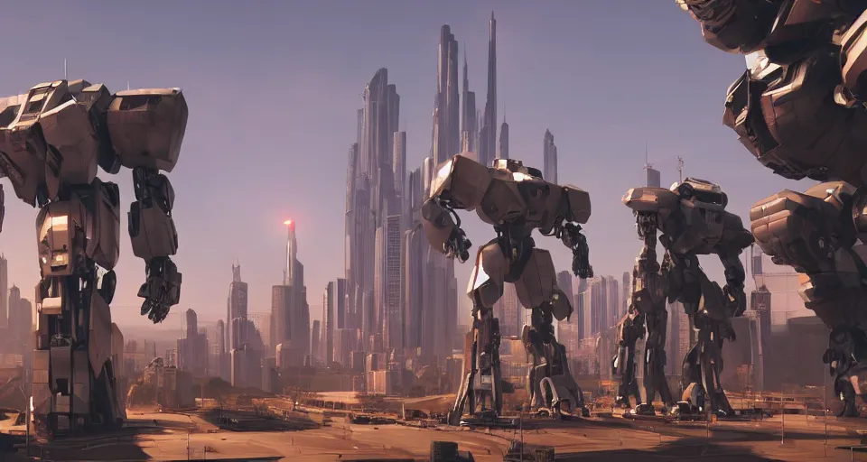 Prompt: a photo of a giant mech towering over astronauts in a futuristic city, ultra realistic, hyper - detailed, unreal engine, raytraced lighting,