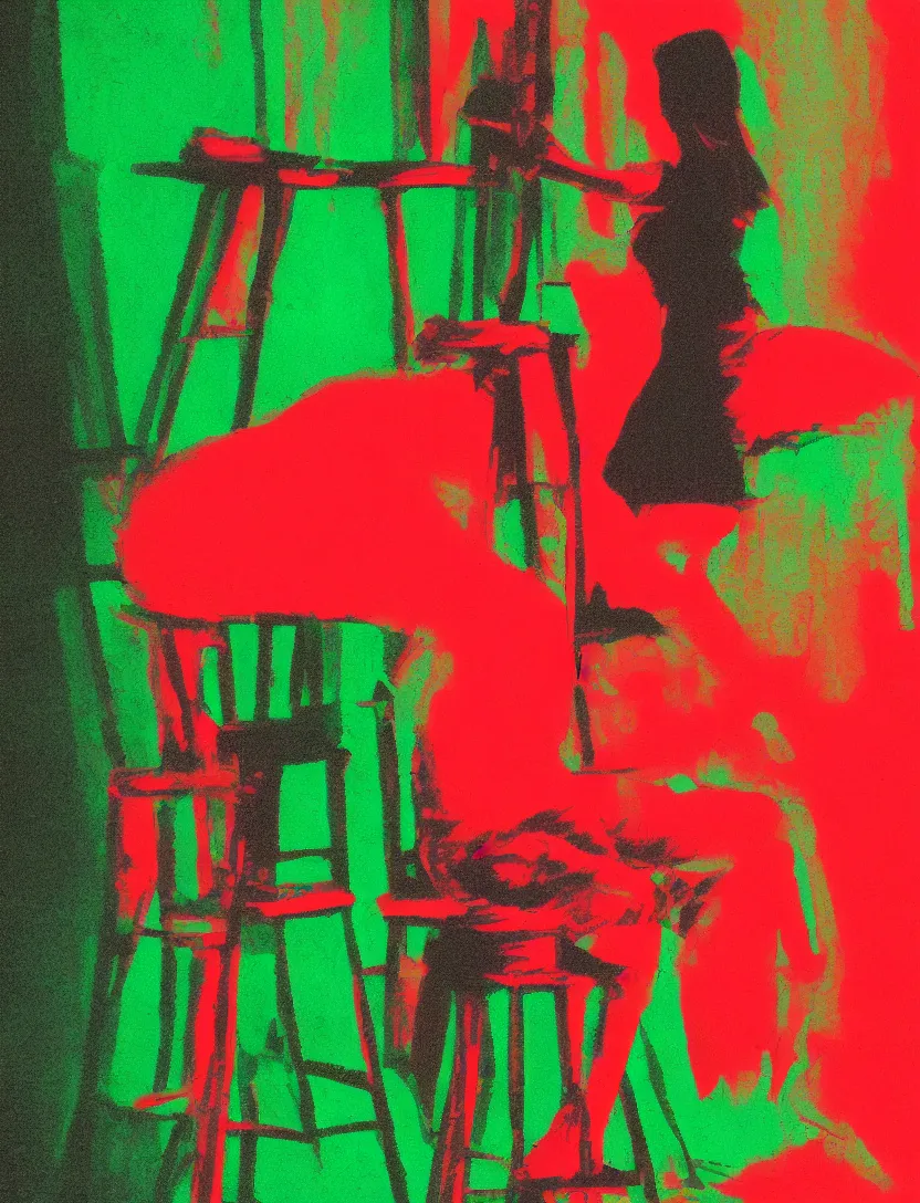 Prompt: A woman sitting on a stool reaching behind her with one hand. Close Shot. In the Style of Sir Matthew Smith. Green and Red light.