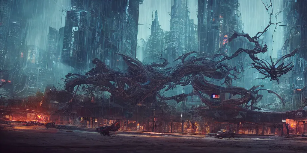 Image similar to future city covered by forest creature, flying, doom of the gods, culture, smooth, cyberpunk, monster, gravity mess, genshin impact, honor of kings, photograph, cinematic, photo realism, by yang qi, romain jouandeau, quy ho, karol bak, beeple, 4 k, unreal engine, v - ray render, artstation