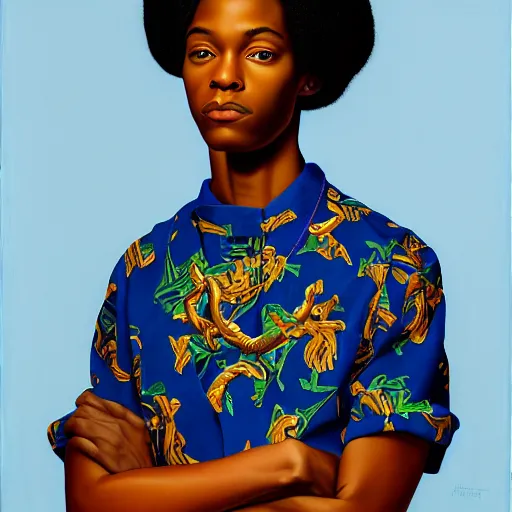 Image similar to A portrait of a skinny stylish and attractive non-binary person, oil painting by Kehinde Wiley, majestic, detailed, high resolution