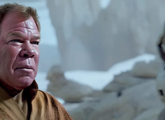 Image similar to william shatner as luke skywalker, bearded and wearing a robe, in star wars : the force awakens ( 2 0 1 5 ). movie still