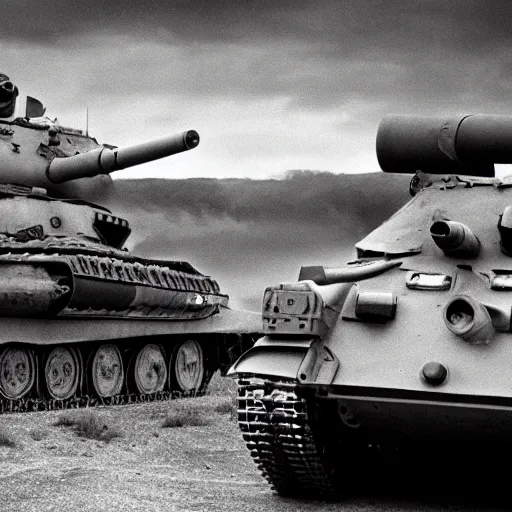 Image similar to world War 2 photography of Donald Trump hugging a tank, shot by Annie Leibovitz, award winning, 4k, 8k, black and white photography, cinematic lighting.