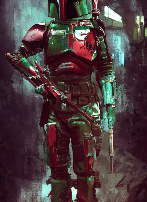 Image similar to cyberpunk x boba fett, digital art, character mashup, epic volumetric lighting, combination art