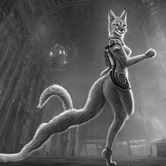 Image similar to the full body of anthropomorphic lynx fursona from behind wearing a steampunk suit as unimaginably beautiful, gorgeous, elegant, young woman with lynx head, an ultrafine hyperdetailed illustration by furaffinity, intricate linework, white fur, unreal engine 5 highly rendered, global illumination, radiant light, detailed and intricate environment, no feral