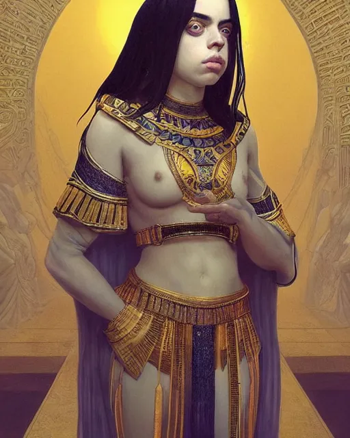 Image similar to Billie Eilish as a beautiful egyptian princess, gorgeous, portrait, Symmetrical, powerful, intricate, beautiful, masterpiece, elegant, volumetric lighting, highly detailed, artstation, sharp focus, no cropping, illustration, Jean-Leon Gerome , ruan jia