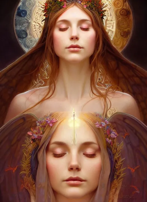 Prompt: fairy queen goddess feminine face meditation!! murky lighting, wind blowing, full body portrait, blessed by nature, physical mental perfection, symmetrical! intricate, sensual, highly detailed, biblical divine holy perfection!! digital painting, artstation, concept art, smooth, sharp focus, by artgerm and greg rutkowski and alphonse mucha