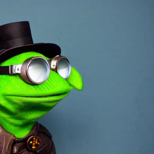 Image similar to steampunk kermit with goggles, portrait