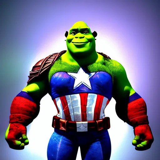 Image similar to digital painting of Shrek as Captain America, octane render, volumetric lightening, by marvel