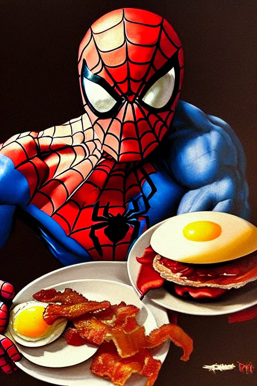 Image similar to spider - man eating fried eggs and bacon, oil painting, high detail, dark lighting, atmospheric, extremely detailed, intricate, da vinci, michelangelo, caravaggio, hans holbein, raphael, donatello, 8 k