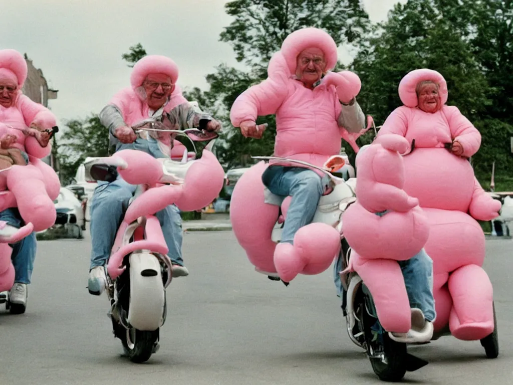 Image similar to a martin parr photo of a grandpa couple, wearing michelin man white body costumes, going super fast on a pink pig, 1 9 7 0 s kodachrome colour photo, flash on camera,