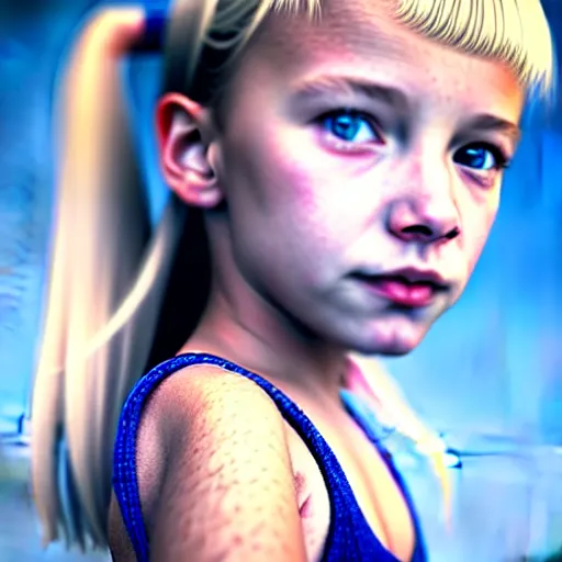 Image similar to ultra realistic and ultra detailed portrait of a young beautiful girl with blond hair and blue eyes falling through the sky, 4 k