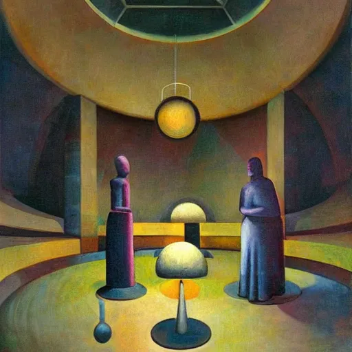 Image similar to three brutalist robotic seers watchers oracles soothsayers inside a dome, pj crook, grant wood, edward hopper, syd mead, chiaroscuro, oil on canvas