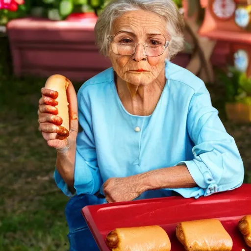 Image similar to old woman and her priceless hot dog, promotional photo from the antiques roadshow, uhd, 8k,