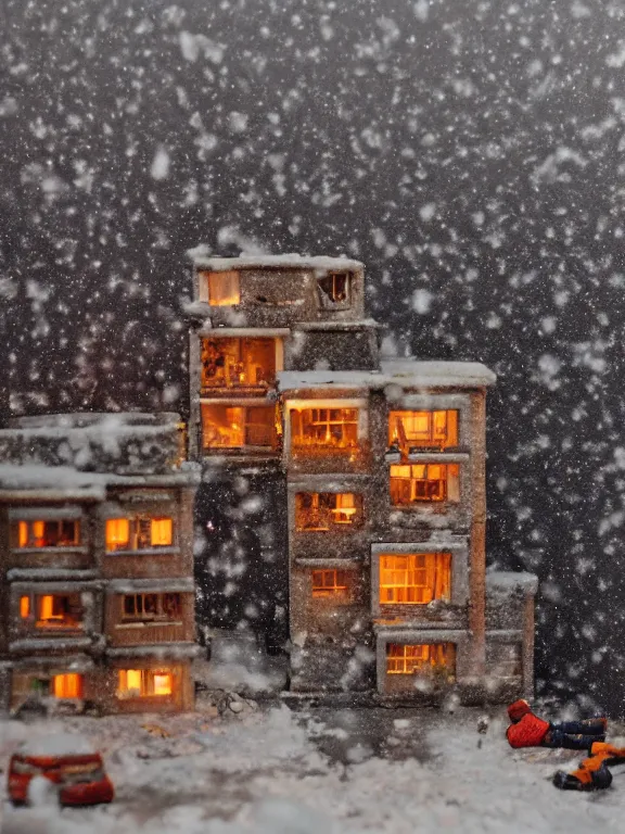 Image similar to mega detailed miniature diorama a soviet residential building, brutalism architecture, suburban, warm lights are on in the windows, man lies in the snow, dark night, fog, winter, blizzard, cozy and peaceful atmosphere, row of street lamps with warm orange light, several birches nearby, 1 9 9 0