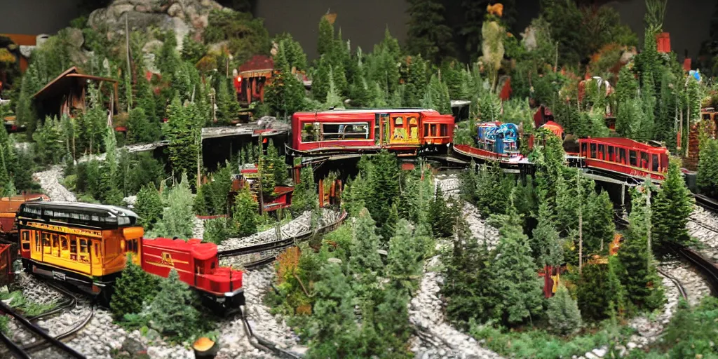 Prompt: extremely elaborate lionel train set, elaborate miniature mountain terrain, miniature lakes, trees, flickr