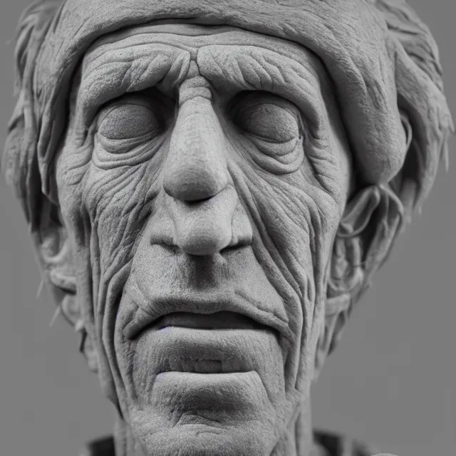 Prompt: photography of a bust of Keith Richards made of clay by Sebastian Kruger and Michelangelo, 50mm, studio atmosphere, 8K, rim light, octane render, ultra-realistic