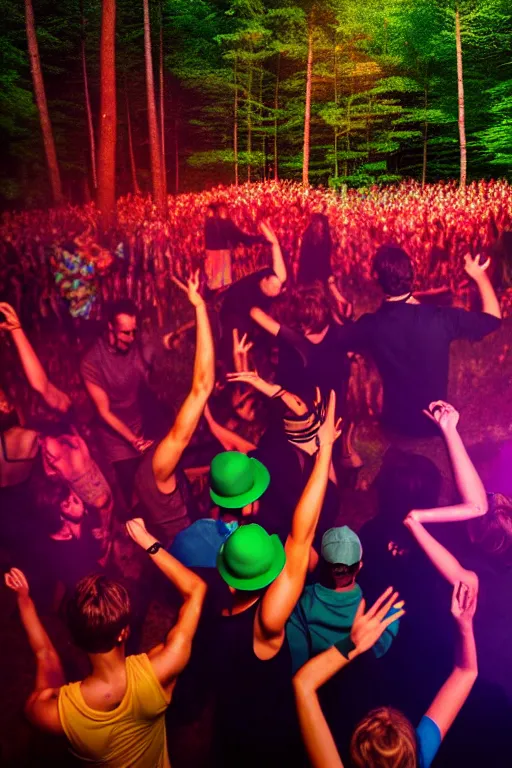 Prompt: few people dancing at a party in the forest in front of huge speakers, vibrant colours, beautiful, digital art, winning award masterpiece, cinematic lighting, trending on artstation, 8 k