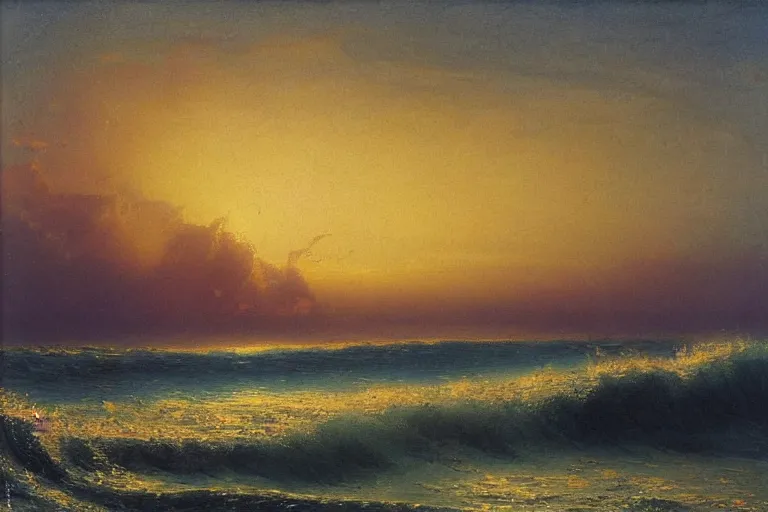 Image similar to very detailed seascape with big waves and sunset painted with oil paints in the style of Kuindzhi