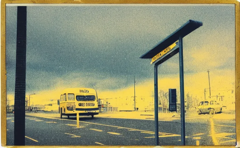 Prompt: analog polaroid of an abandoned bus stop, at night, dark blue sky, in rain, yellow neon sign