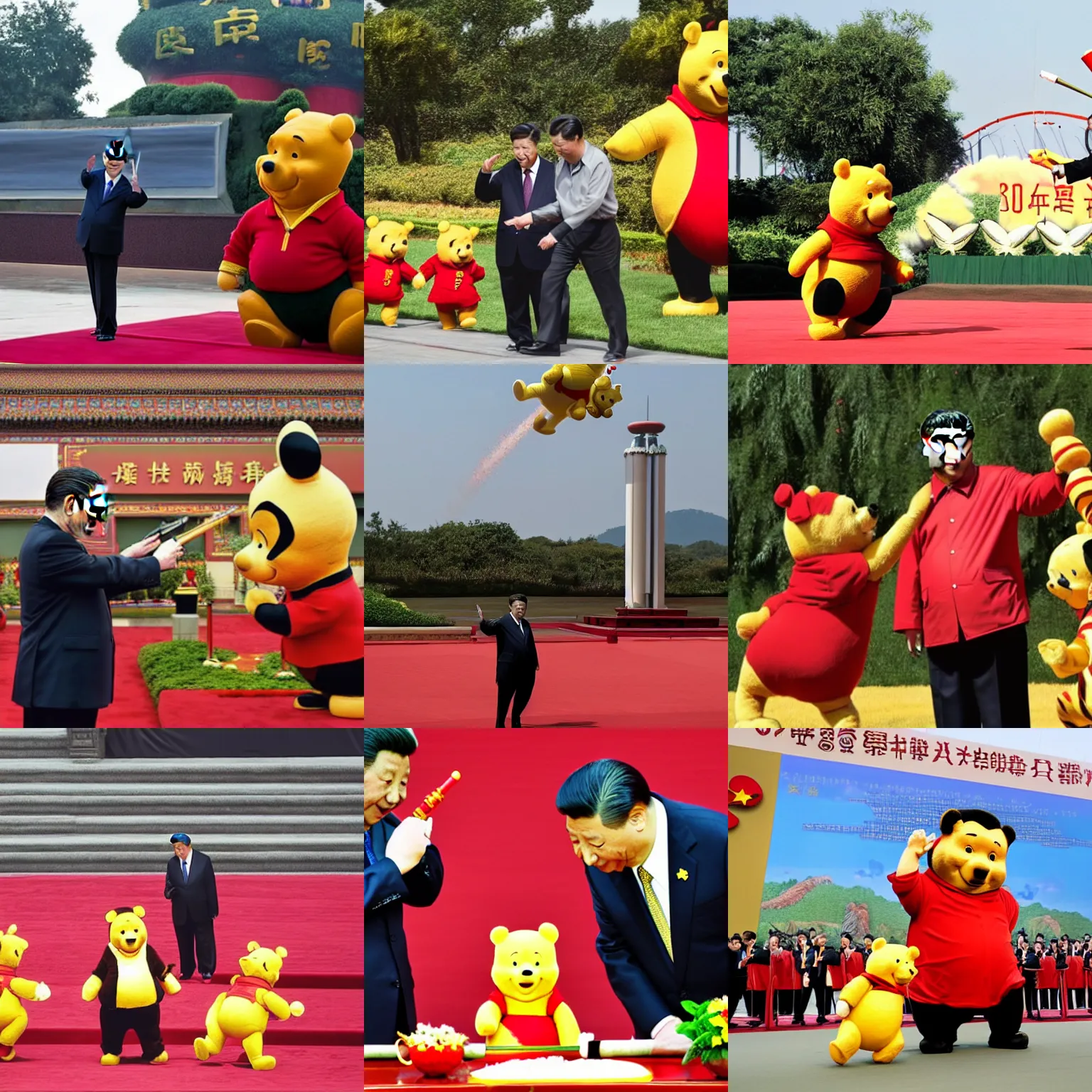 Prompt: xi jinping aiming a rocket launcher at winnie the pooh