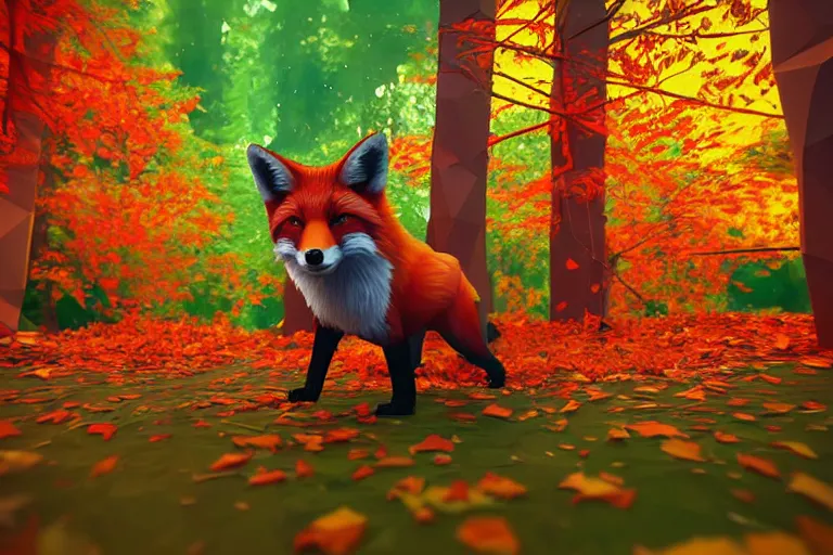 Image similar to super detailed color lowpoly art, red fox in an autumn maple forest, unreal engine, retrowave color palette, 3 d render, lowpoly, colorful, digital art, perspective