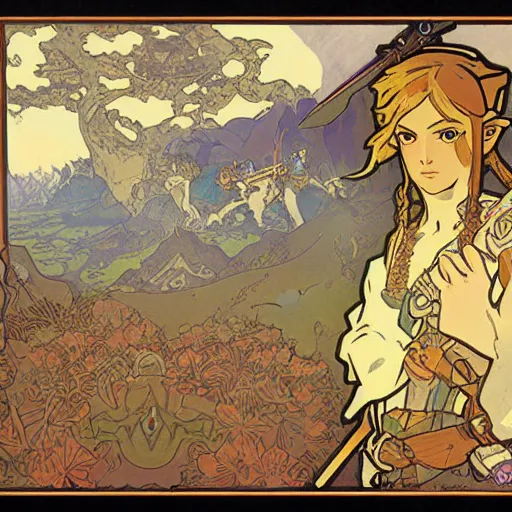 Image similar to a painting of the legend of zelda : breath of the wild by mucha