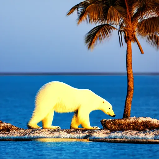 Image similar to a photo of a really skinny polar bear on a tiny pacific island, beautiful desert island with coconut trees, ultra detailed, 50mm f/1.4, national geographic