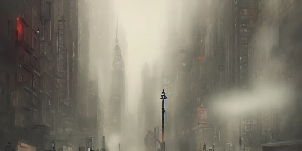 Image similar to a street at new york city, foggy evening, matte painting, studio ghibli, artstation