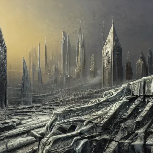 Prompt: the city under the ice, artwork by Ted Nasmith and H R Giger, trending on art station