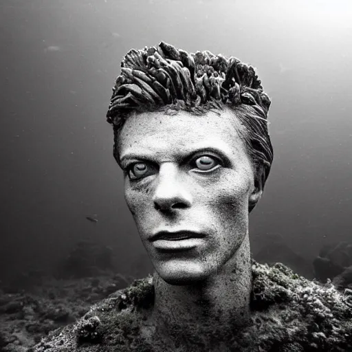 Image similar to Award-winning photograph by Mar Mann. The photo depicts a decaying roman bust of David Bowie overgrown with moss at the bottom of the sea in the middle of ruins of civilization. Minimalism, high definition, perfect composition. Deep sea picture. Very dark. Volumetric Lighting. Fish. Darkness. Ruins