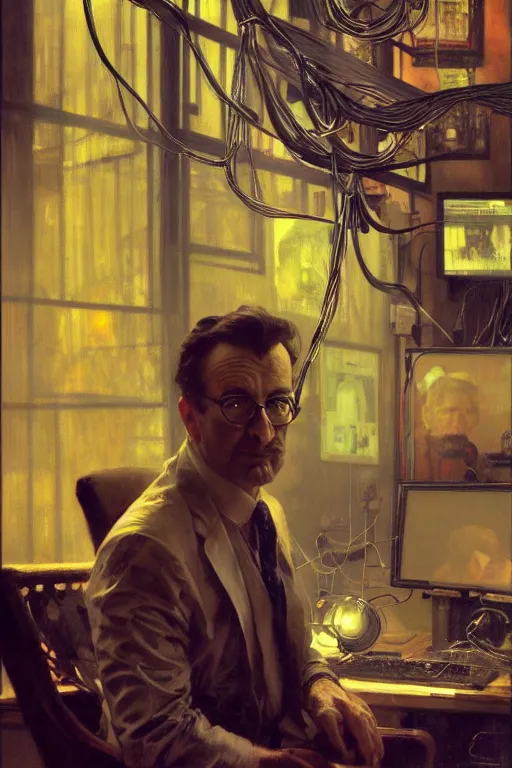 Prompt: hyperrealist portrait of rod sterling, it is decorated with wires and monitors in the background. by jeremy mann and alphonse mucha, fantasy art, photo realistic, dynamic lighting, artstation, poster, volumetric lighting, very detailed faces, 4 k, award winning