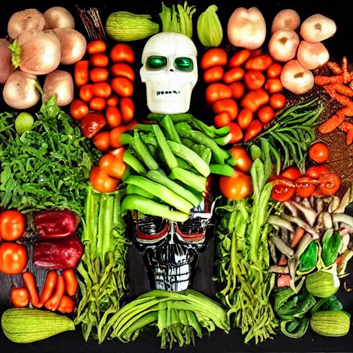 Prompt: terminator t-800 made out of vegetables in the style of Giuseppe Arcimboldo