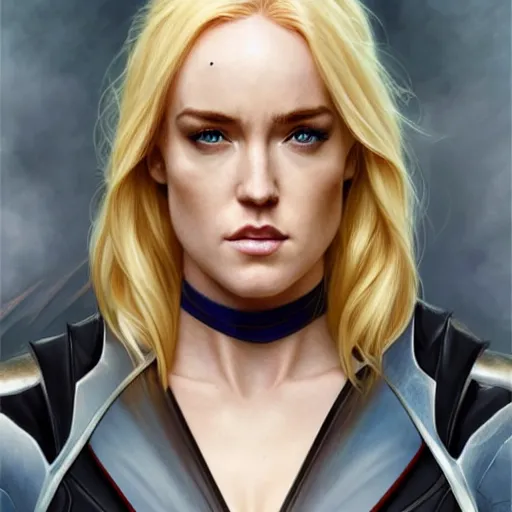 Prompt: Caity Lotz with blonde hair as Power Girl, western, D&D, fantasy, intricate, elegant, highly detailed, digital painting, artstation, concept art, matte, sharp focus, illustration, art by Artgerm and Greg Rutkowski and Alphonse Mucha