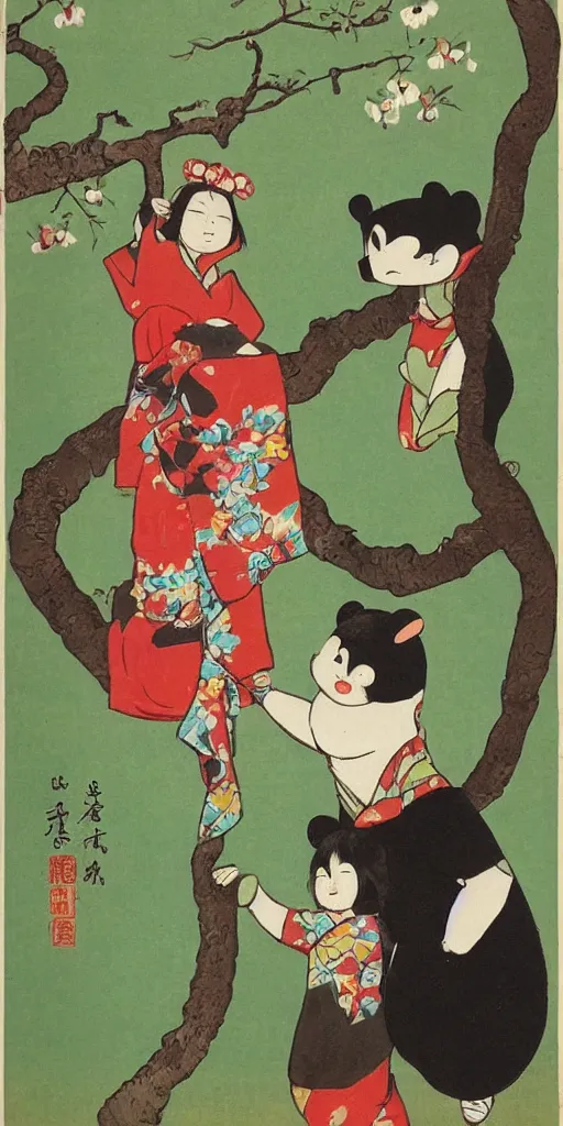 Prompt: anthropomorphic asian black bear lifting up a small girl wearing a kimono to pick an apple from a branch above their heads, best artists of all time